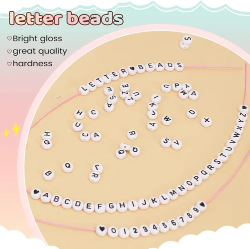 Miniatura 7 de FZIIVQU Kit de 1450 Piezas de Cuentas de Letras, 4x7 mm Cuentas de Alfabeto de Acrílico Blanco para Hacer Joyas, Cuentas de Corazón de Número