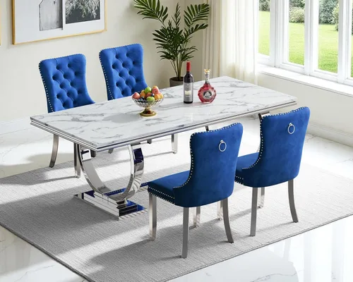 Miniatura 34 de Moderno juego de mesa de comedor de mármol sintético de 68.11 pulgadas para 6, mesa de comedor de mármol blanco y plateado con 6 sillas de Blanco