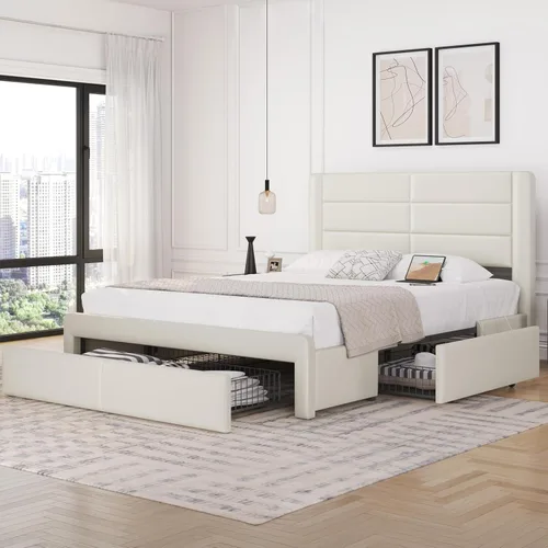 Miniatura 11 de Yaheetech Marco de cama tamaño completo con 2 estaciones de carga USB/puerto para tipo A y tipo C/3 cajones de almacenamiento, cama plataforma