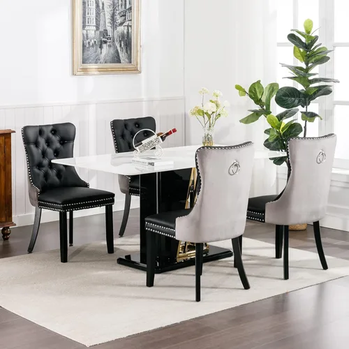 Miniatura 7 de OVENTA Juego de 4 sillas de comedor modernas tapizadas copetudas, terciopelo negro y gris y cuero con patas de madera maciza, sillas de cocina