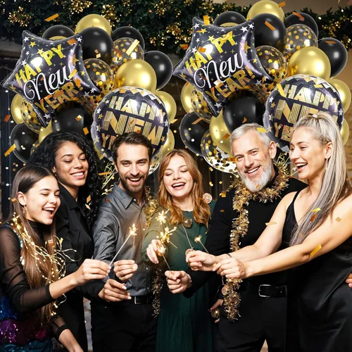 Miniatura 5 de Globos de Año Nuevo dorados, juego de decoraciones de Feliz Año Nuevo 2026, 50 globos de aluminio para fiesta de víspera de 12 pulgadas