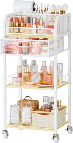 Miniatura 13 de HapiRm Organizador de maquillaje, carrito de almacenamiento de 4 niveles para el cuidado de la piel con cajón, carrito de maquillaje rodante