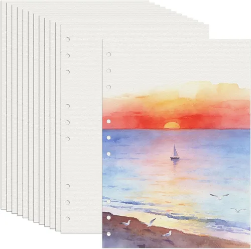 Vienrose Papel de acuarela de 8.5 x 5.5 pulgadas a granel, 12 hojas de papel de acuarela con agujeros para carpetas de 3 anillas, cuadernos de