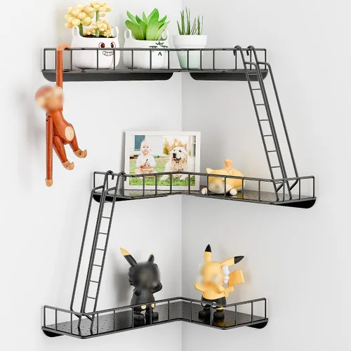 Miniatura 8 de Estante de pared Fire Escape – Estantes de pared esquineros de 4 niveles de estilo urbano moderno, estante de escalera de metal fácil de instalar