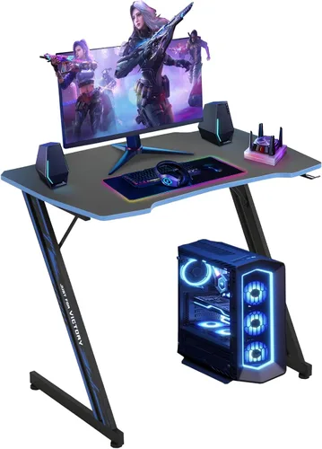 Dkelincs Escritorio de juegos de 89 cm para PC, escritorio de oficina en casa, mesa de juegos en forma de Z. Estación de trabajo para jugadores Azul