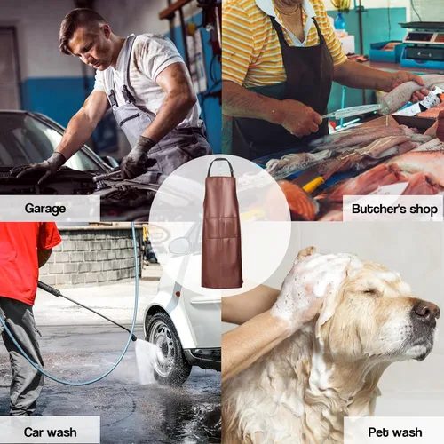 Miniatura 7 de Delantal impermeable, delantal de trabajo resistente, delantal de cuero artificial, ideal para chef, carnicero, peluquero, limpieza Marrón