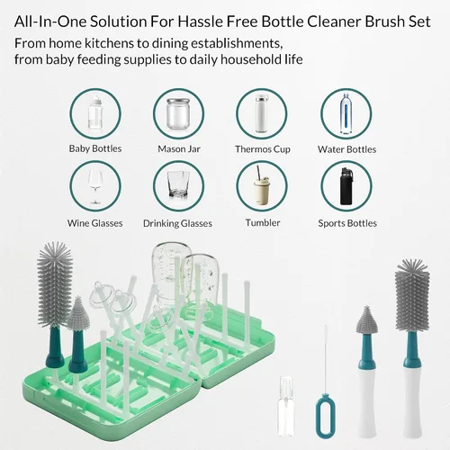 Miniatura 3 de Juego de cepillos portátiles para biberones con múltiples cepillos, dispensador de jabón, estante de secado de botellas plegable para 16 biberones