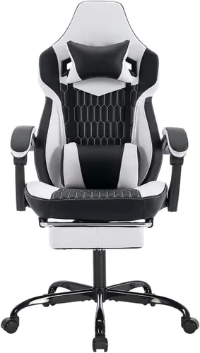 Silla de escritorio para juegos para adultos, silla ergonómica para juegos con reposapiés, reposacabezas y soporte lumbar, material de cuero, altura