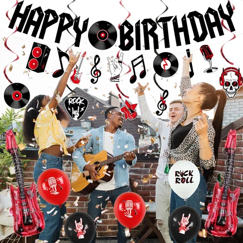 Miniatura 3 de Crenics Decoraciones de Fiesta de Cumpleaños de Rock and Roll - Pancarta de Feliz Cumpleaños, Remolinos Colgantes, Adornos para Pasteles y Globos
