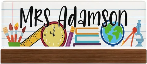 Miniatura 6 de Placa de nombre personalizada para escritorio para profesores, placa de nombre de acrílico personalizada para maestros con base de madera, letrero