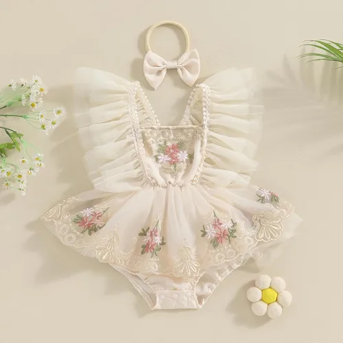 Miniatura 9 de Sasaerucure Traje de verano para bebé niña, sin mangas, mameluco de encaje tutú, mameluco de una pieza con volantes