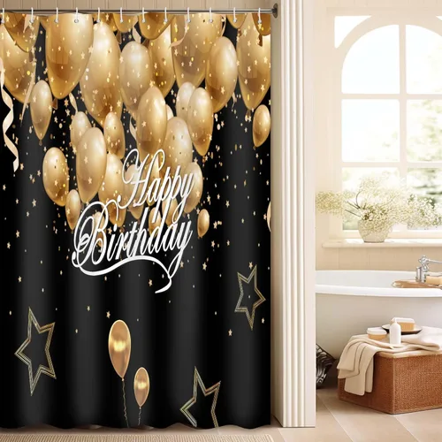 Cortina de ducha de feliz cumpleaños, negro y dorado, 70 x 72 pulgadas | Tela de tela de poliéster impermeable, incluye ganchos