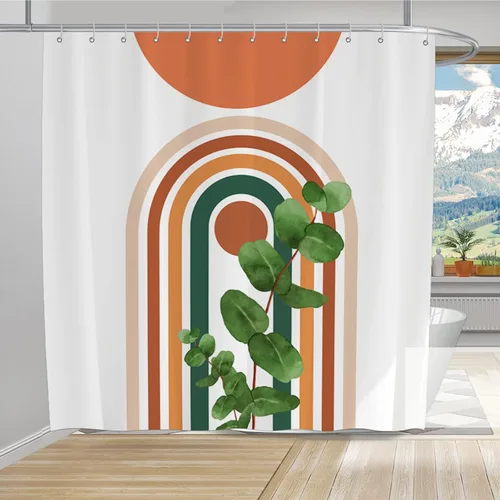 Cortina de ducha bohemia con arco iris, moderno de mediados de siglo, diseño de eucalipto, minimalista, tela de poliéster, 72 x 72 pulgadas,