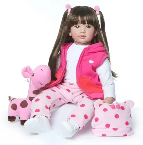 Pinky Reborn - Muñeca bebé reborn de 61 cm, niña adorable, bebé reborn de aspecto realista, muñeca de bebé de vinilo, silicona suave, cabello negro,