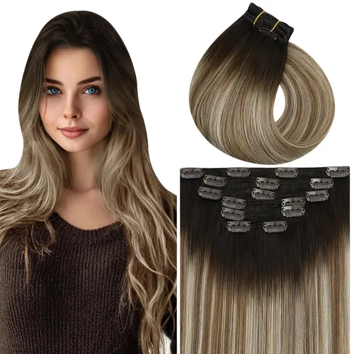 Miniatura 28 de Vivien Extensiones de cabello humano con clip, color negro azabache, extensiones de cabello humano real con pinzas invisibles, doble trama, 14