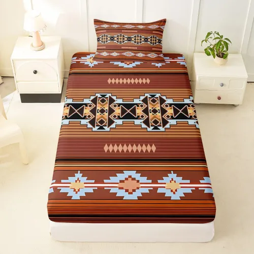 Miniatura 75 de Juego de ropa de cama occidental tamaño individual, sábanas aztecas, estilo nórdico exótico, bohemio, sábana bajera ajustable de tribu india