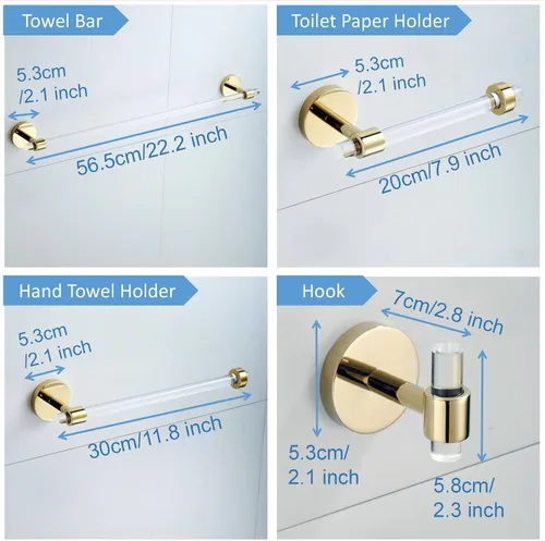 Miniatura 6 de Juego de accesorios de baño acrílico dorado – Juego de accesorios de baño Toallero de barra de toalla – Soporte de toalla de baño montado