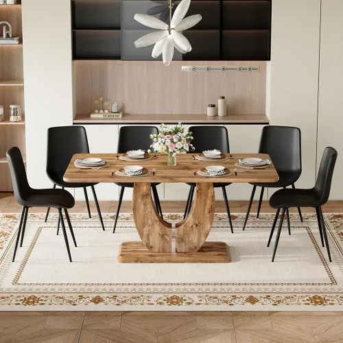 Miniatura 16 de Juego de mesa de comedor moderno para 4, mesa de cocina de madera de 63 pulgadas con 4 sillas tapizadas de gamuza de tela, estilo granja con parte