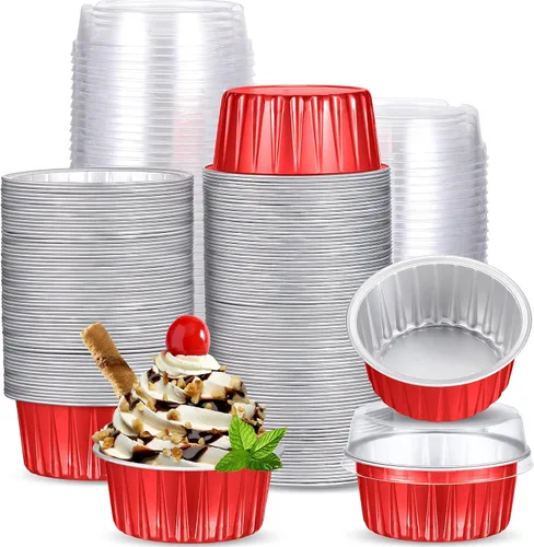 Miniatura 8 de 150 moldes desechables de papel de aluminio para hornear, con tapas, mini moldes para cupcakes de 5 onzas, moldes para flan, moldes para tartas