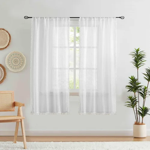 Miniatura 9 de ZJDECOR Cortinas traslúcidas de encaje bohemio de 54 pulgadas de largo, juego de 2 paneles de cortinas con patrón geométrico rústico beige