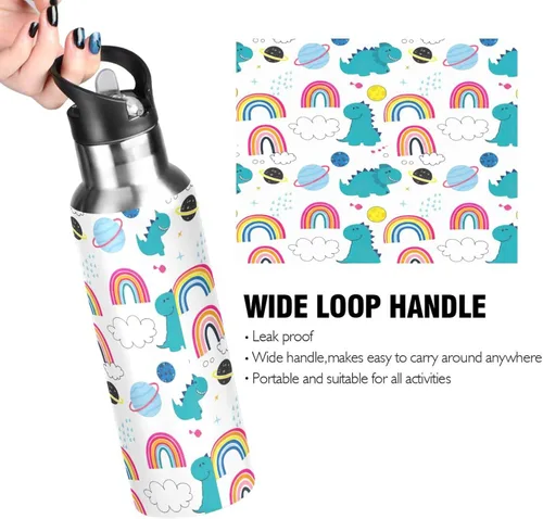 Miniatura 4 de Insulated Stainless Steel Water Bottle with Straw 20 Oz, Leakproof Water Bottles for Gym Outdoor Travel School, Cute Dinosaurs Rainbows White