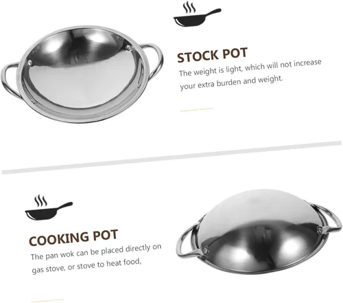 Miniatura 8 de Wok de fondo redondo de acero inoxidable con parte inferior plana para freír sartén de doble mango fácil de limpiar utensilios de cocina