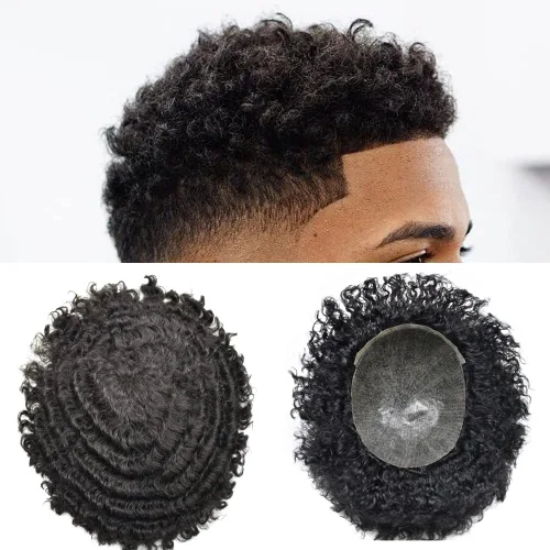 Miniatura 13 de Sistema de cabello para hombres negros, rizado tipo tupé de inyección de poliuretano para hombres de 0.472 in Afro Wave Afro American Mens Toupee 1#