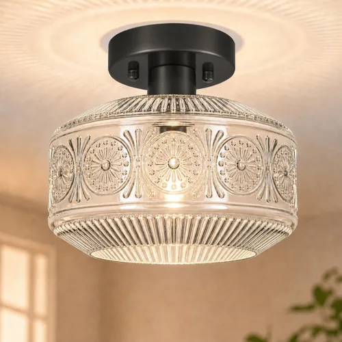 Miniatura 13 de DSMJFU - Lámpara de techo semiempotrada negra, lámpara de techo pequeña vintage, accesorio de iluminación de pasillo de vidrio blanco grueso, luz
