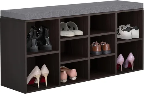 Banco de almacenamiento de 10 compartimientos, zapatero de 3 niveles, estante ajustable, color negro Marrón