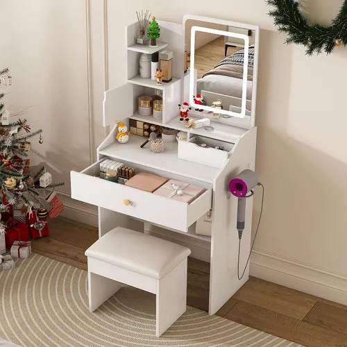 Miniatura 10 de Escritorio pequeño con espejo y luces, mesa de tocador de maquillaje con toma de corriente, 3 cajones y 4 estantes y taburete, juego de tocador