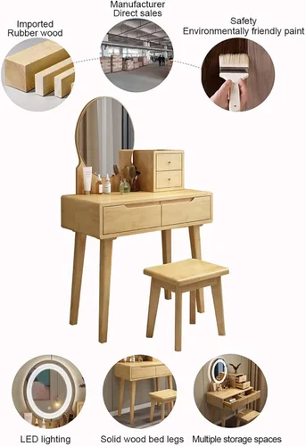 Miniatura 3 de Escritorio de tocador con espejo, juego de mesa de maquillaje con taburete acolchado y cajón, mesa de cosméticos, tocador de maquillaje pequeño