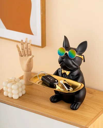 Miniatura 6 de Estatua de bulldog francés, bandeja de resina para llaves de bulldog para decoración de entrada, organizador de llaves para mesa de entrada, regalos