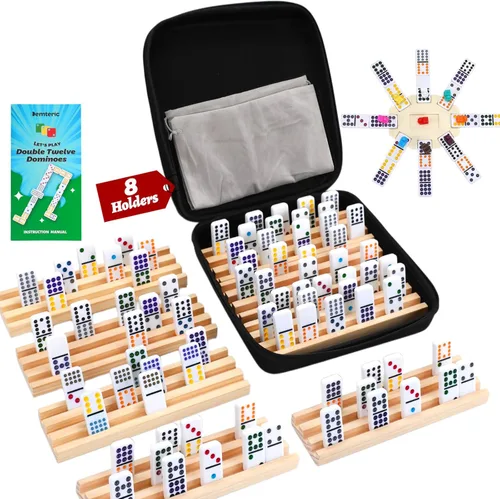 Miniatura 11 de Dominós Mejorados Doble 6, 28 fichas de dominó, 4 soportes/estantes de madera, juego de mesa de viaje y memoria con estuche portátil para 2-4