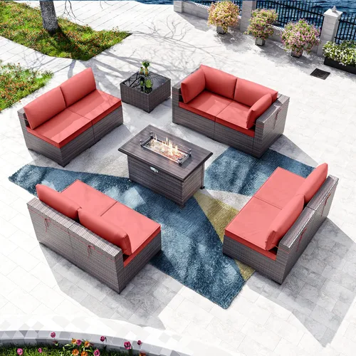 Miniatura 17 de Kullavik Juego de 13 muebles de patio al aire libre con mesa de fogata de gas propano de 43 pulgadas, 55000 BTU, mimbre de polietileno, sofá Arena