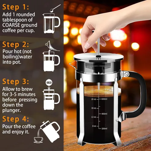 Miniatura 4 de YMMIND Cafetera de Prensa Francesa de Acero Inoxidable 304, Prensa de Café con Sistema de 4 Filtros, Vidrio de Borosilicato Resistente al Calor