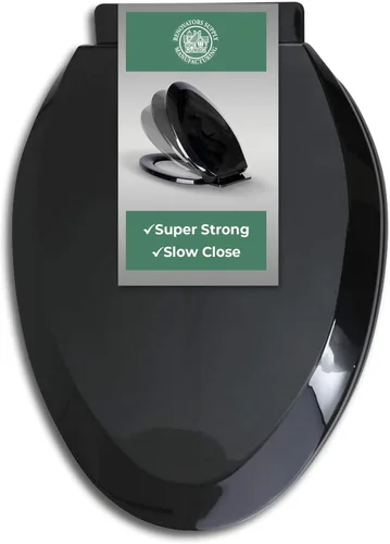 Renovators Supply Manufacturing Asiento de inodoro alargado de plástico negro con cierre suave y silencioso, tapa de cierre silencioso, asiento