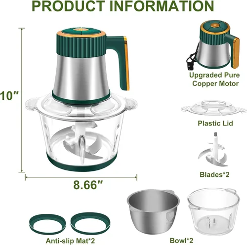 Miniatura 7 de Procesador de alimentos, picadora eléctrica de alimentos de 5 velocidades, picadora de carne con 2 cuencos (8 tazas + 8 tazas) y 2