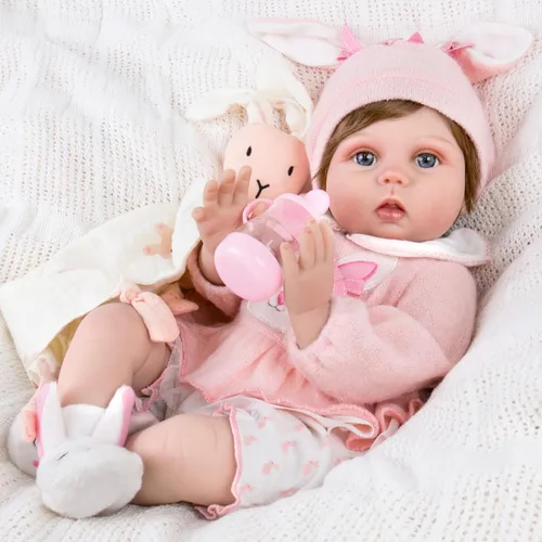 Miniatura 2 de Aori Reborn Baby Doll - muñeca de niña realista de 22 pulgadas con set de conejitos, seguro para niños de 3 años Rosa