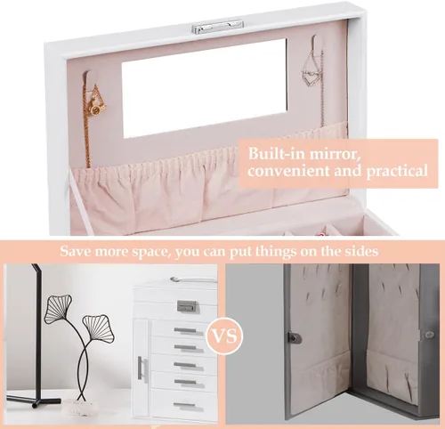 Miniatura 5 de ANWBROAD Caja organizadora de joyas Caja de joyería para mujer con cerradura de 6 niveles Caja de almacenamiento de joyería blanca para aretes