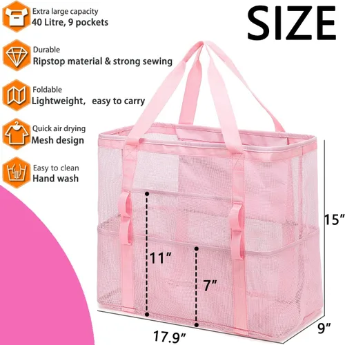 Miniatura 3 de Bolsa de playa de malla, bolsas grandes de playa con cremallera, bolsa de piscina para juguetes para viajes familiares, vacaciones, cruceros