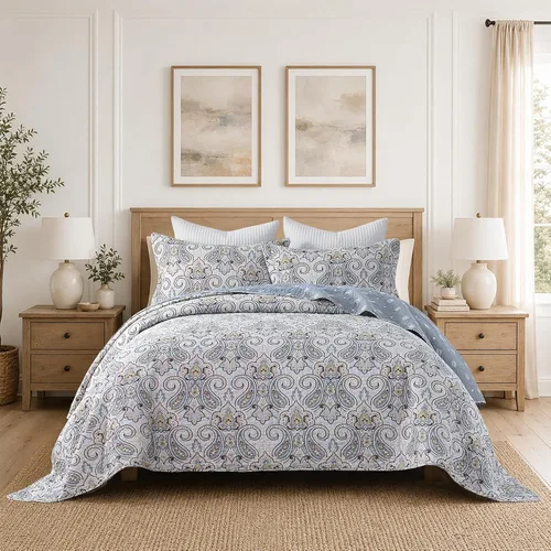 Miniatura 9 de Juego de edredón Queen 100% algodón – Colcha floral de damasco azul, juego de ropa de cama reversible de estilo europeo clásico de 3 piezas, ligero