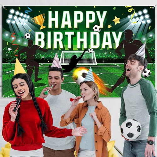 Miniatura 5 de Tatuo Telón de fondo de fiesta de cumpleaños de fútbol, fondo de campo de fútbol de poliéster con letras de feliz cumpleaños, incluye cuerda blanca