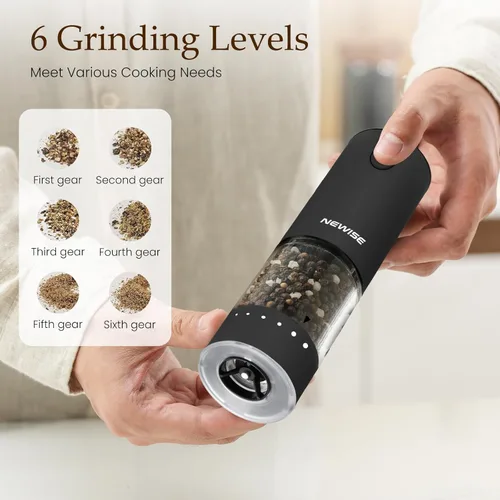 Miniatura 3 de Newise Juego de molinillo eléctrico de sal y pimienta, molinillos de pimienta recargables con luz LED y ajuste de grosor externo, accesorios de Negro