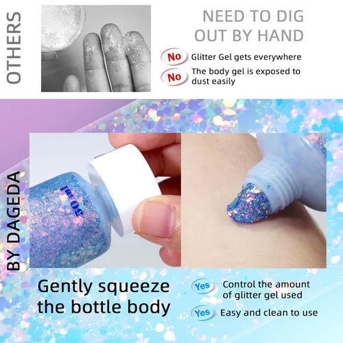 Miniatura 5 de DAGEDA Gel de purpurina corporal, lentejuelas de gel corporal con purpurina para la cara, sombra de ojos líquida, purpurina gruesa para cara, Sirena