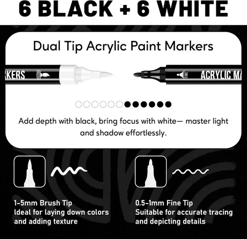 Miniatura 2 de Pagather Marcadores de pintura acrílica en blanco y negro, paquete de 12 marcadores de doble punta con punta fina y punta de pincel para piedra, 12
