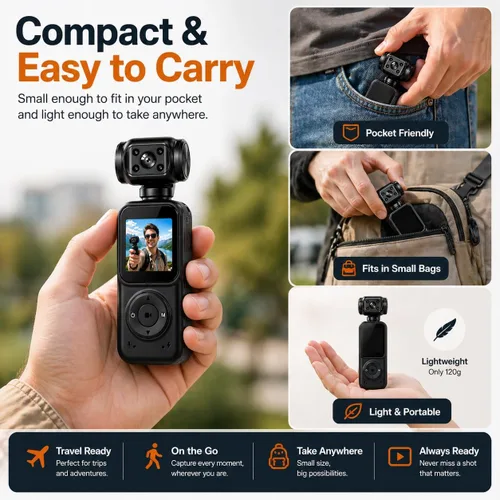 Miniatura 6 de Acuvar Mini cámara de bolsillo 4K con pantalla LCD, cámara de video portátil con WiFi, seguimiento facial, rotación de 270°, tarjeta SD de 64 GB