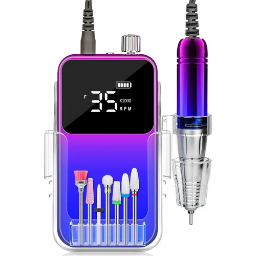Taladro de uñas eléctrico profesional, portátil, 35000 rpm, color degradado, lima de uñas eléctrica con pantalla LCD, taladros de uñas recargables
