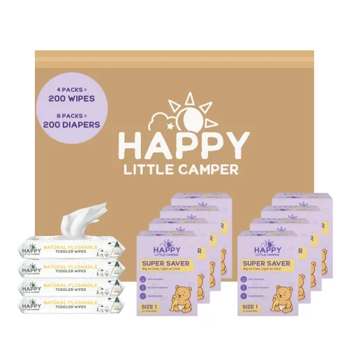 Happy Little Camper Pañales desechables naturales para bebés, ultraabsorbentes, talla 1 - hipoalergénicos, sin perfume y sin cloro (200 unidades)