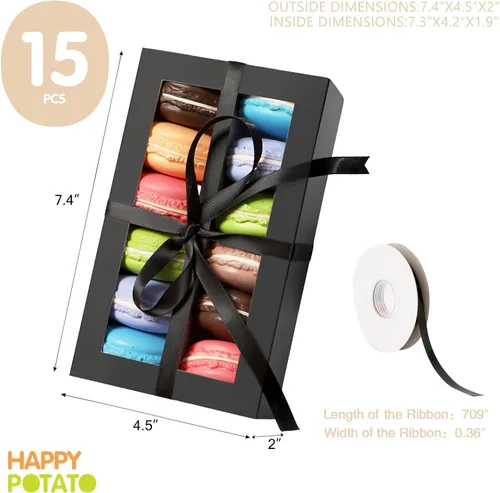 Miniatura 4 de HAPPY POTATO Paquete de 15 cajas de macarrones para 12, 7.2 x 4 x 1.9 pulgadas, caja de embalaje de macarrones con cinta, cajas de macarrones negros