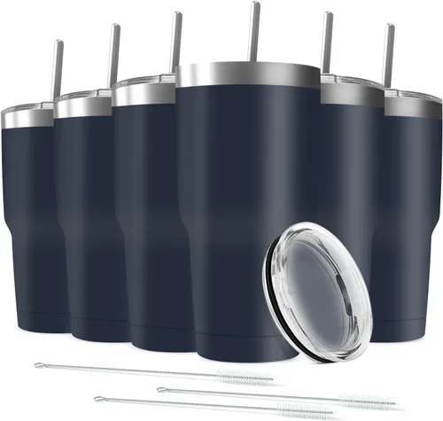 Miniatura 22 de Taza de viaje de acero inoxidable de 30 onzas con tapa, paquete de 6 vasos de doble pared aislados al vacío a granel con 6 pajitas, taza de café